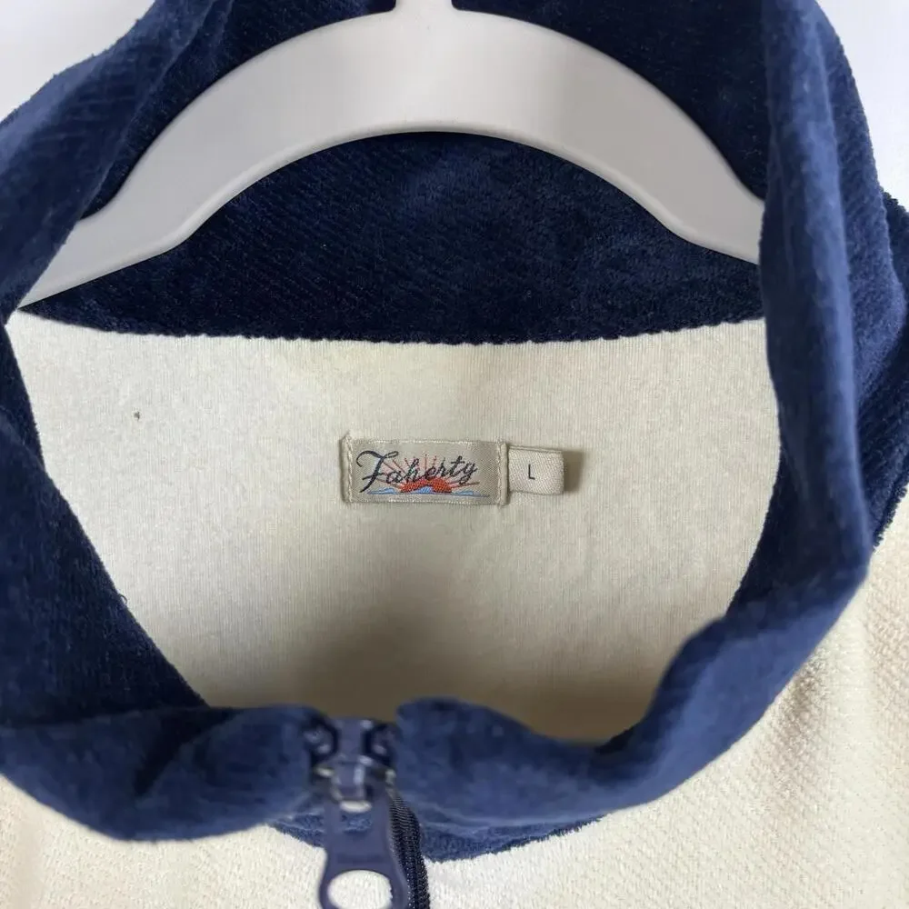 Faherty Richie Velour Velvet Cream & Navy Blue Quarter Zip Women’s Size Large - Picture 2 of 7